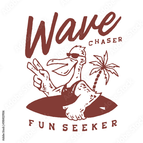 funny pelican wearing sunglasses surfing wave with palm tree