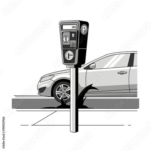Parking Meter and Car on Street - Urban Parking Meter and Vehicle Illustration