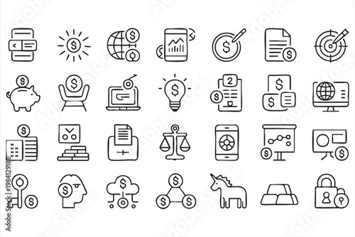 Fintech and digital payment outline icons for banking apps and financial services