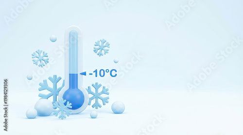 A thermometer shows -10°C surrounded by snowflakes and ice on a cold winter day.