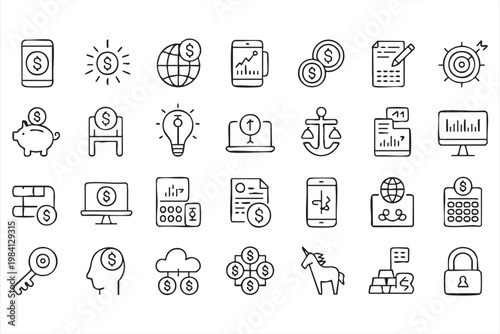 Investment and accounting outline icons for corporate finance and budgeting tools