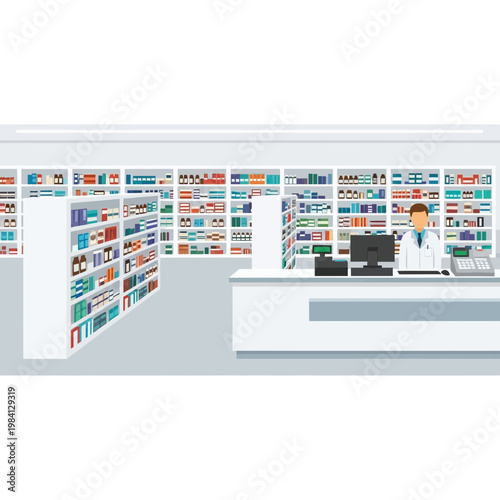 Pharmacist Behind Counter in Modern Pharmacy with Shelves of Medicine