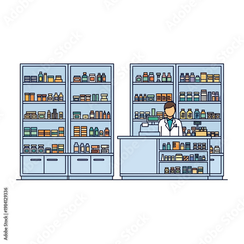 Pharmacist Behind Counter in Pharmacy with Shelves of Medicine