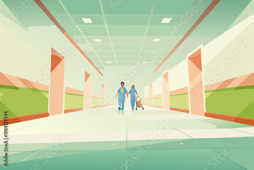 Hospital Corridor With Medical Staff Walking And p