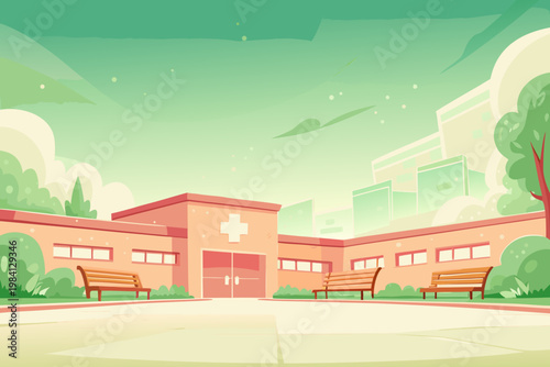 Hospital Garden Area With Patients Walking And Rel