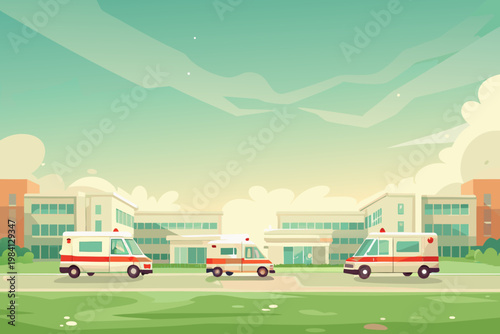 Hospital Parking Area With Ambulances And Staff mo