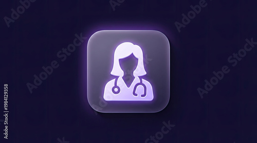 A glowing purple icon of a female doctor with a stethoscope