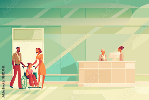 Hospital Reception Area With Patients Checking in