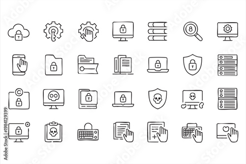 Online security line icons featuring privacy protection network safety and monitoring tools