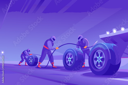 Pit Stop Scene With Crew Changing Tires in Seconds