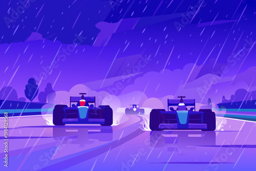 Rainy Race Conditions With Wet Track And Cars Spra