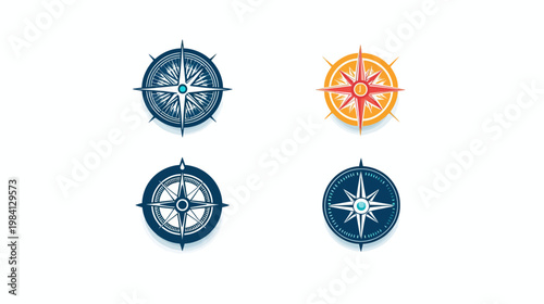 Four compass rose illustrations in various styles and color palettes set against a white backdrop