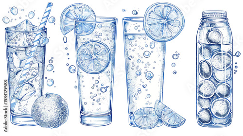 Watercolor-style drinks illustration of glasses with ice, bubbly water, and lemon slices