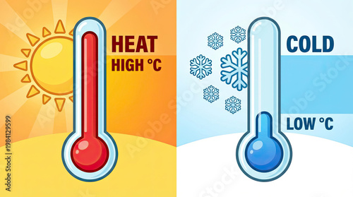 Weather forecast shows heat and cold temperatures with sun, snowflakes.