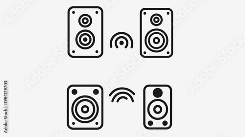 Line drawing of two sets of paired speakers connected via wireless signals