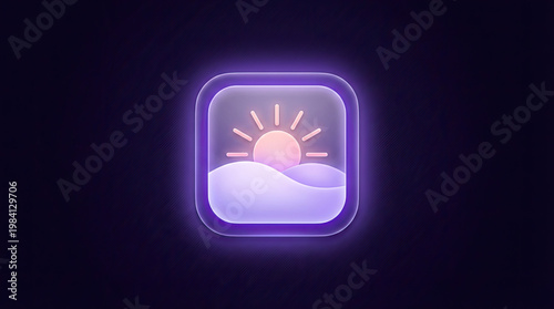 Sunrise over a purple landscape with a glowing square frame around it