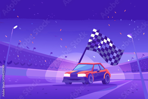 Car Crossing Finish Line With Checkered Flag Wavin