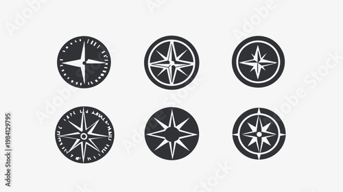 Six stylized black compass rose designs in circular frames, each with a different variation