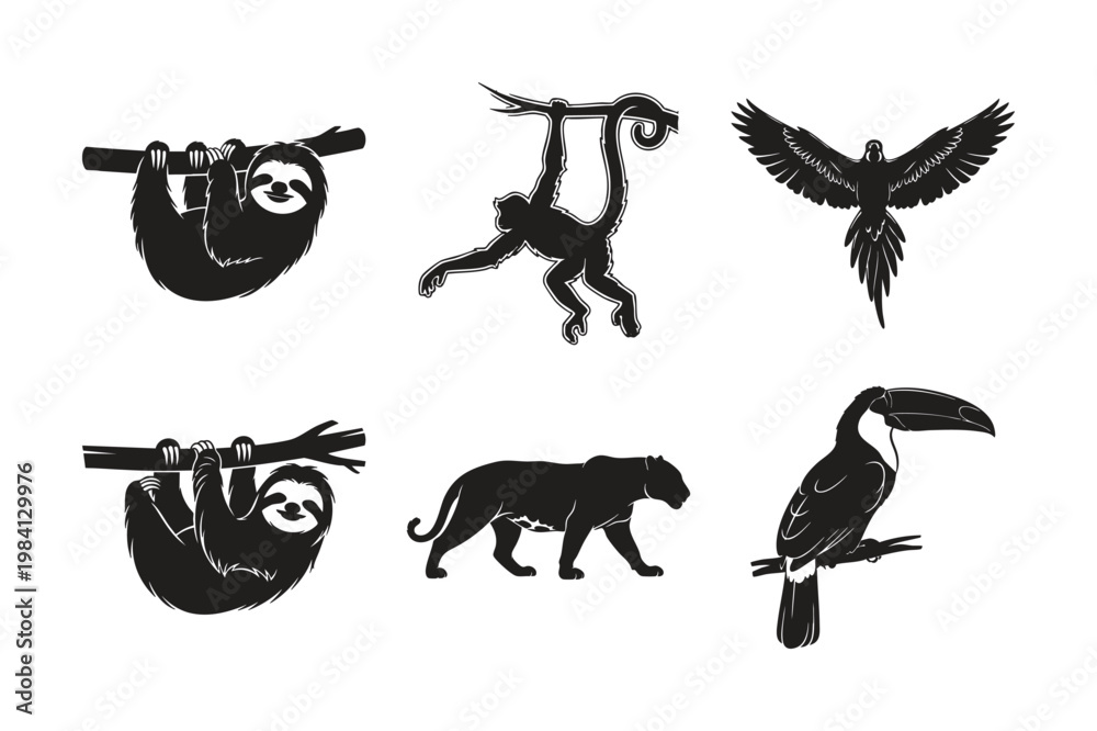Obraz premium Rainforest animal silhouettes sloth parrot set bundle wildlife vector.