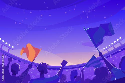 Fans Cheering in Grandstand With Flags And Excitem