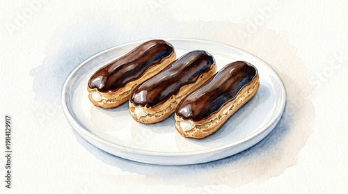 Three chocolate covered eclairs on a white plate indoors
