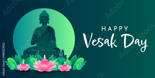 Vesak Day Poster with Buddha Silhouette, Lotus Garden Elements, and Green Night Spiritual Background Scene