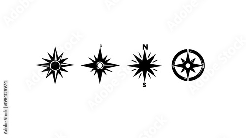 Four black and white compass rose illustrations, arranged horizontally on a white background
