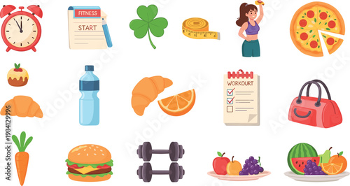 Healthy and Unhealthy Lifestyle Illustration Set with Food, Exercise, Hydration, Diet Plan, and Daily Routine Elements in Colorful Flat Design