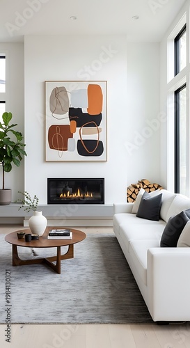 Modern Living Room Interior with Fireplace and Abstract Art.