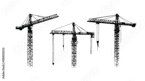 A black and white illustration of three construction cranes, isolated on a white background