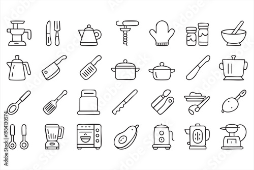 Kitchenware and cooking tools icons for culinary workflow and meal preparation