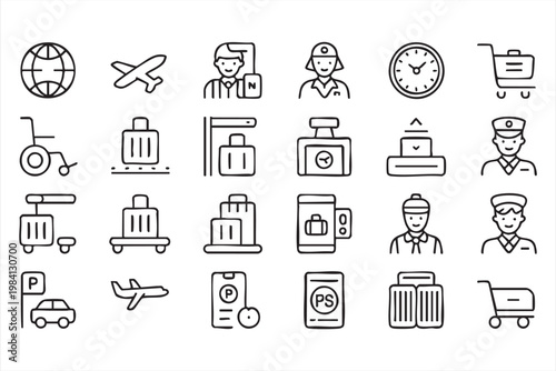 Airport and travel icons with boarding luggage passenger and flight elements