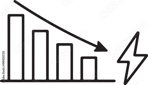 Declining bar graph with a lightning bolt icon representing energy crisis or power outage simple vector illustration for concept design