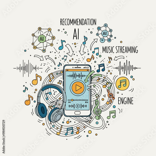 Artificial intelligence in music streaming recommendation engine with smartphone headphones equalizer and sound waves.