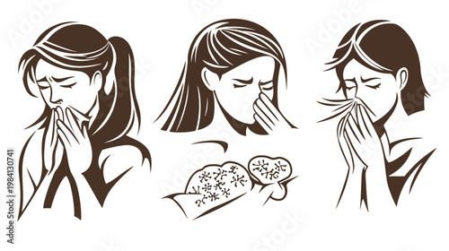 A set of brown and white illustrated images depicting women dealing with symptoms