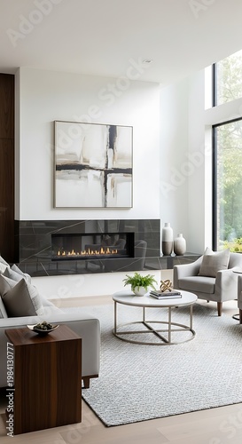 Modern Living Room Interior with Fireplace and Natural Light.