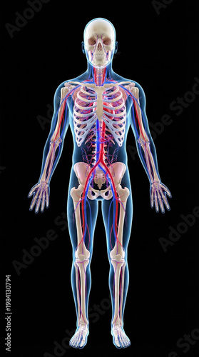 Full body medical illustration of a transparent human male showing the skeletal system and circulatory network with veins and arteries, 3D render on black background. 