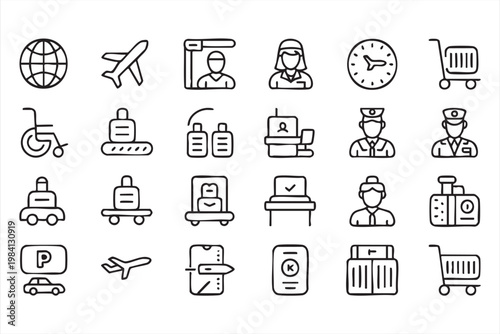 Transportation icon collection with airplane tourism and travel planning symbols