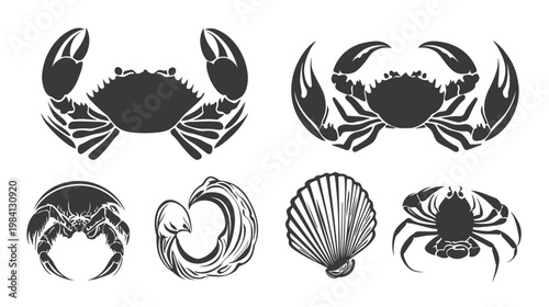 Silhouetted illustrations of various sea creatures, including crabs, a shell, and stylized wave