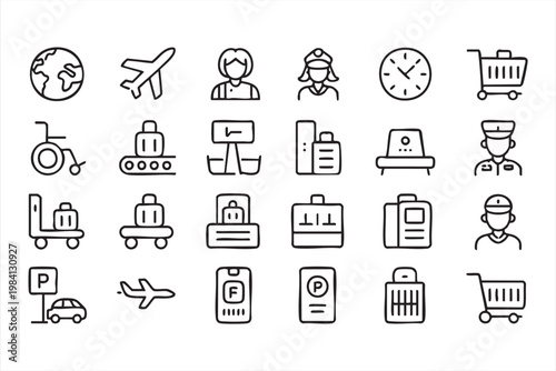 Airport line icons with luggage carts passenger and flight operations symbols