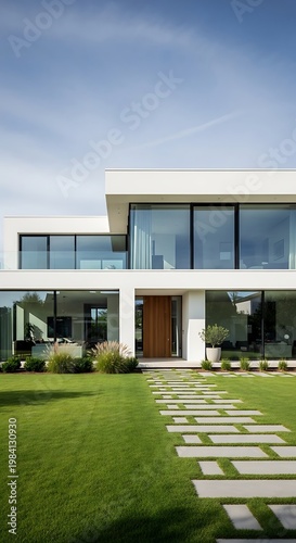 Modern Home Exterior with Lush Green Lawn and Stone Path.