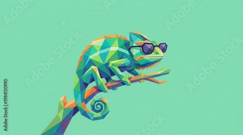 Colorful Chameleon in Sunglasses on a Branch Against a Solid Background