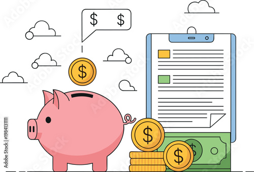 Personal finance savings concept with piggy bank bills coins budget planning expense tracking and financial management illustration