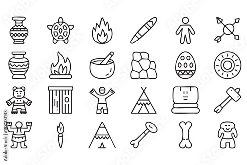 Indigenous culture icon set with community rituals artifacts and symbolic elements