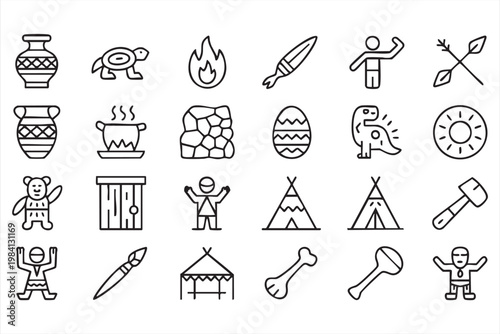 Tribal and ethnic outline icons with ritual symbols and historical artifacts