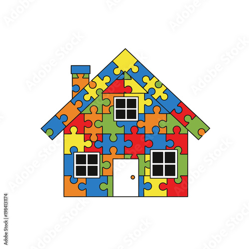 Colorful Puzzle House Symbol - Autism Awareness, Home Construction, Family Concept