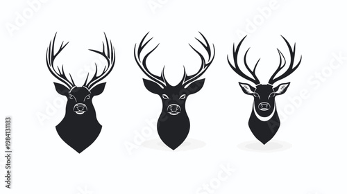 Three stylized deer heads with antlers in black and white, against a white background, minimal design