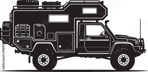 Campervan, recreational vehicle, motorhome, travel trailer, black vector illustration