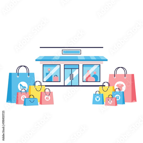 Shopping Bags and Storefront Illustration - Retail, Commerce, Consumerism
