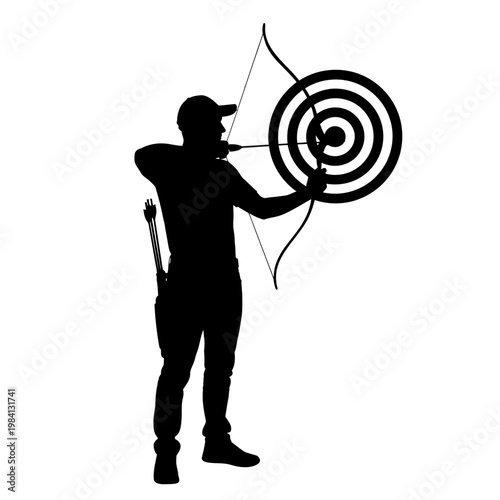 Silhouette Archer Aiming Bow and Arrow at Target, Sports Silhouette